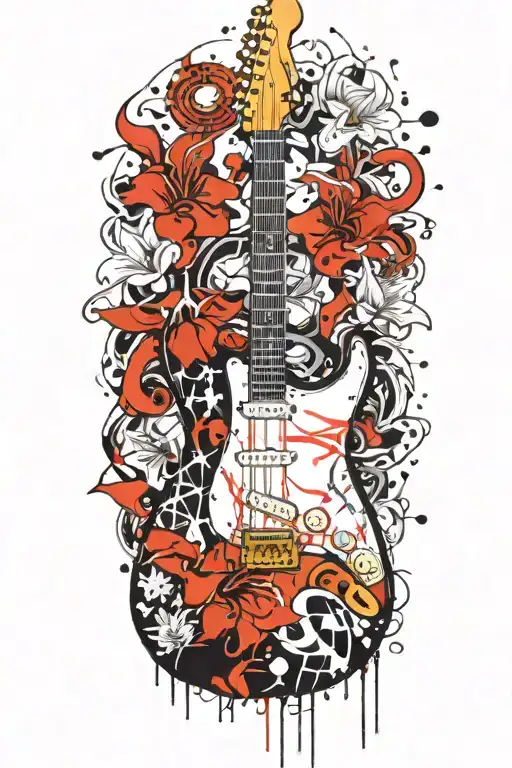 stratocaster guitar headstock surrounded with white lily flowers tattoo design idea