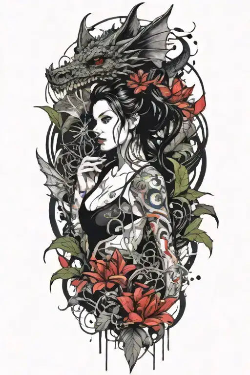 beautiful woman with dark hair, big lily flowers and a dragon from role-playing game tattoo design idea