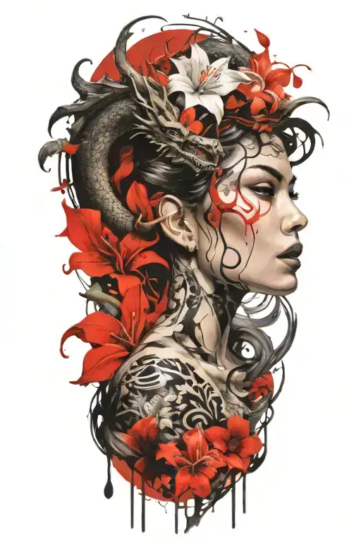 beautiful woman and dragon emerging, white lily flowers surrounding tattoo design idea