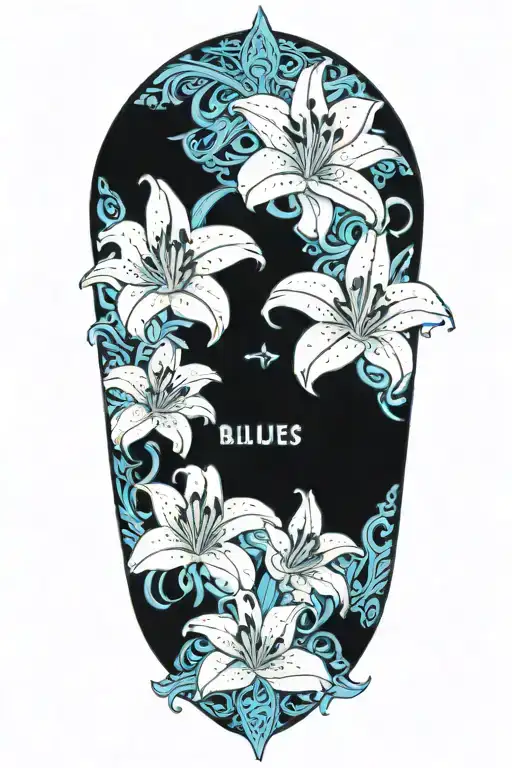 text "blues" surrounded with white lily flowers intertwined tattoo design idea