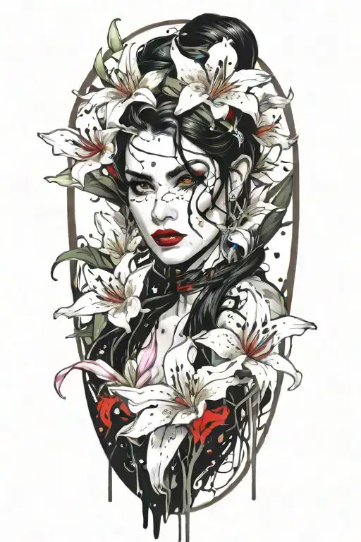 beautiful elf woman with dark hair and white lily flowers tattoo design idea