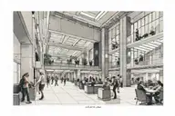 people in the lobby of a modern public building tattoo design idea