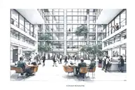 people in the lobby of a modern public building tattoo design idea