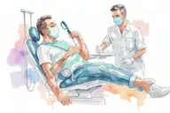 a dentist with a mask on his face is waiting next to the dentist's chair tattoo design idea