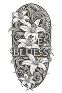text "blues" surrounded with white lily flowers intertwined tattoo design idea