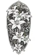 text "blues" surrounded with white lily flowers intertwined tattoo design idea