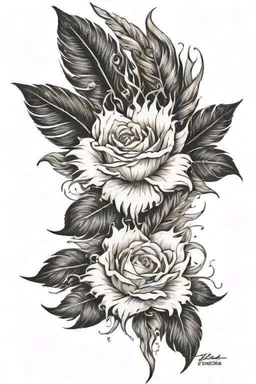feather flames flowers heartache  tattoo design idea