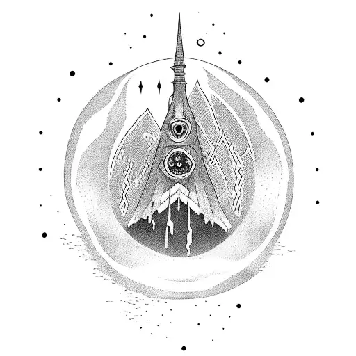 A dotwork illustration of a character from The Dark Tower series surrounded by iconic symbols from the books tattoo design idea