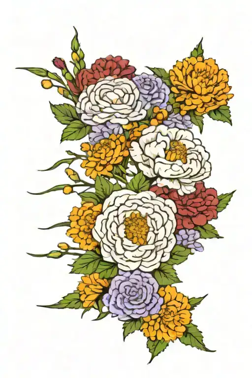 bouquet fine line carnation, violet, marigold, chrysanthemum tattoo design idea