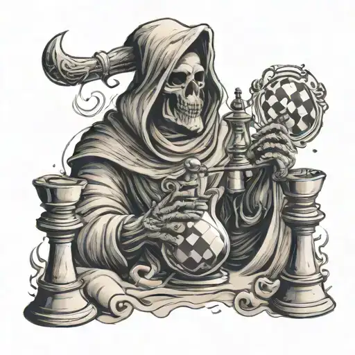 A reaper holding an hourglass with chess pieces as the sand, surrounded by swirling smoke tattoo design idea