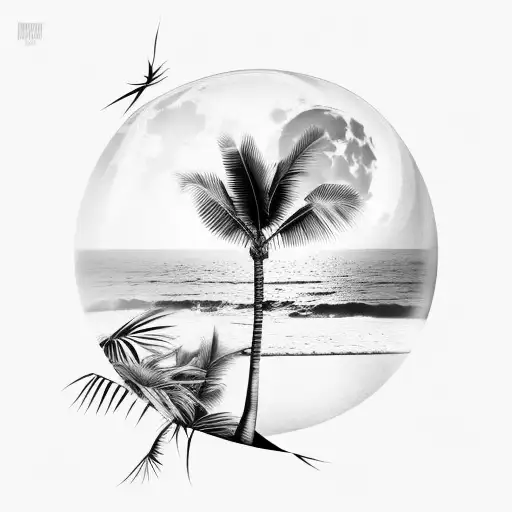Palm tree with full moon and ocean in background tattoo design idea