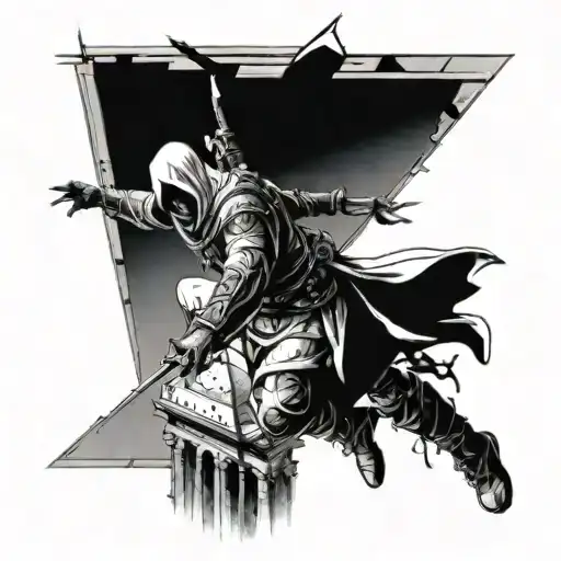 assassin's creed assassin on top of building before doing a leap of faith with assassin's creed symbol in the rear tattoo design idea
