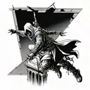 assassin's creed assassin on top of building before doing a leap of faith with assassin's creed symbol in the rear tattoo design idea