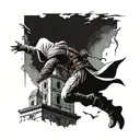 assassin's creed assassin on top of building before doing a leap of faith with assassin's creed symbol in the rear tattoo design idea