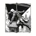 assassin's creed assassin on top of building before doing a leap of faith with assassin's creed symbol in the rear tattoo design idea