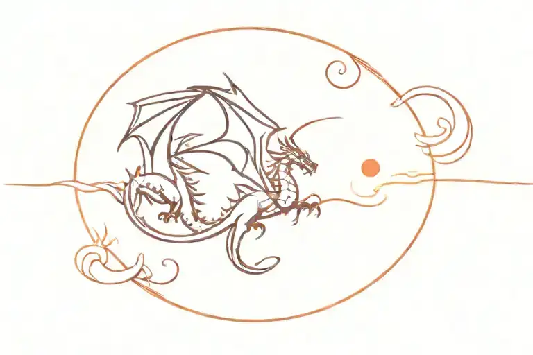 Dragon flying together with a sun in the background in red tattoo design idea