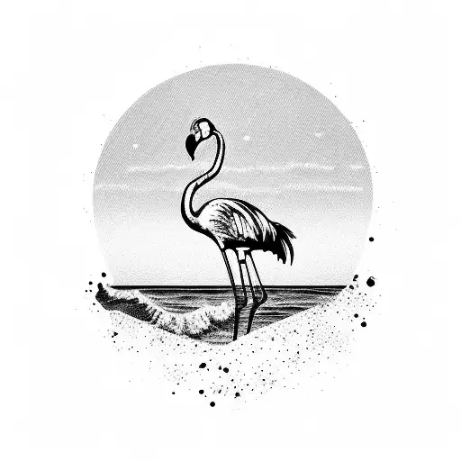 A majestic flamingo standing on a beach with a sunset background tattoo design idea