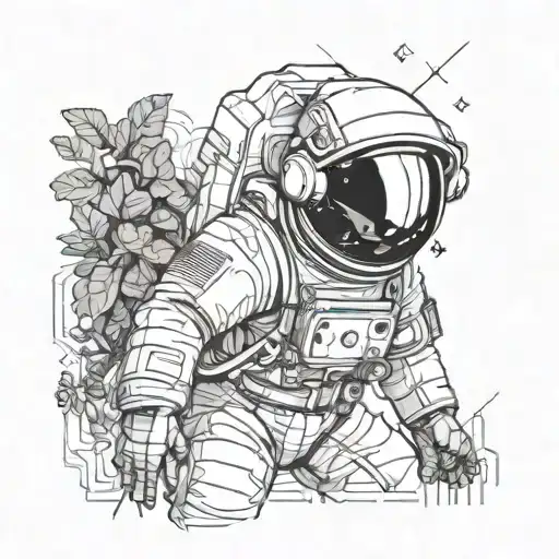 astronaut single line with scientific illustration plants in background tattoo design idea