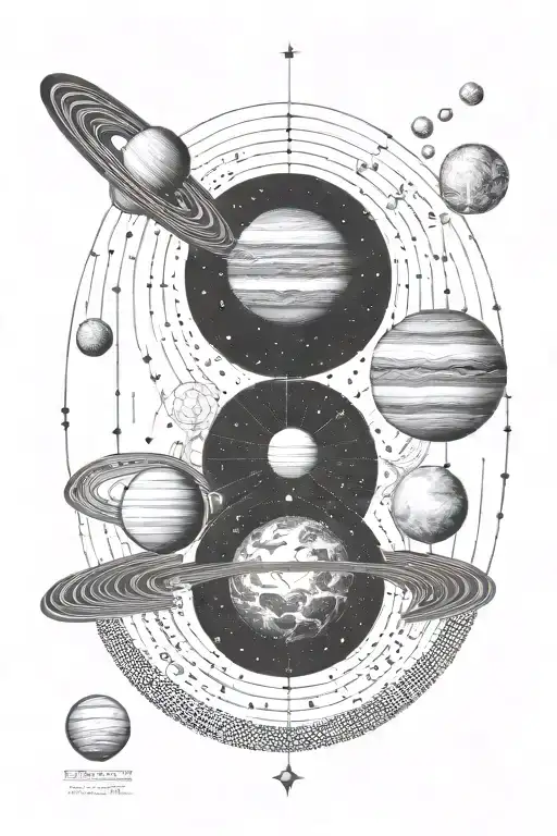 A black and white dotwork tattoo design featuring a vertical alignment of all the planets in the solar system. The desig tattoo design idea
