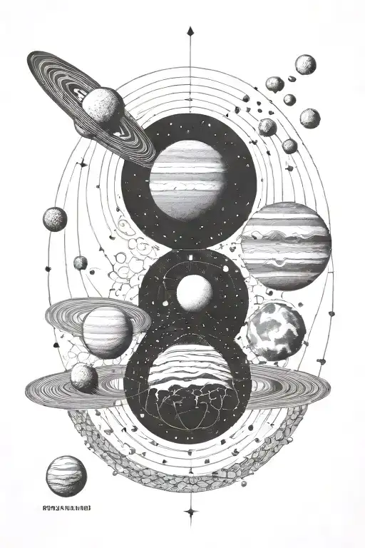 A black and white dotwork tattoo design featuring a vertical alignment of all the planets in the solar system. The desig tattoo design idea