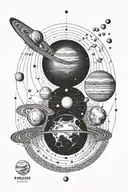 A black and white dotwork tattoo design featuring a vertical alignment of all the planets in the solar system. The desig tattoo design idea