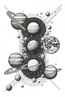 A black and white dotwork tattoo design featuring a vertical alignment of all the planets in the solar system. The desig tattoo design idea