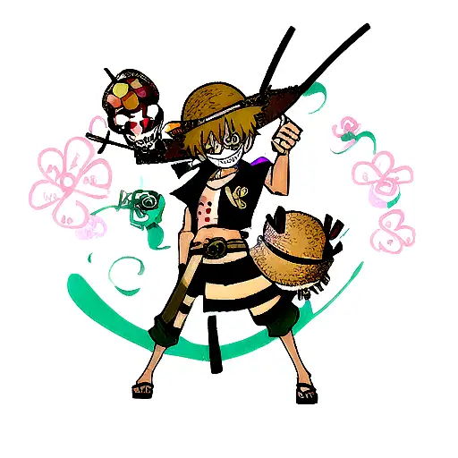 skull wit sanji's eyebrows, zoro's swords in the background, and luffy's straw hat on it's head tattoo design idea