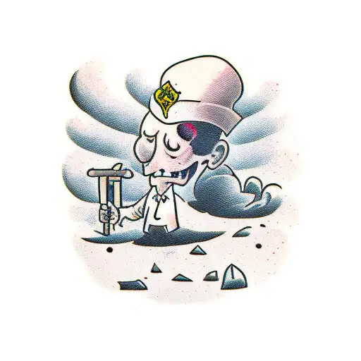 Man holding hammer facing away from a broken gravestone tattoo design idea