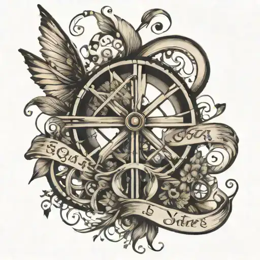 infinity symbol with windmill, bass cleff, dandelion, ECG and words Soul sisters tattoo design idea