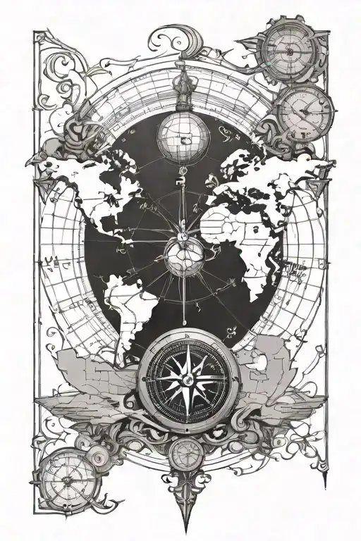 A compass intertwined with a map of the world, highlighting continents the client has visited tattoo design idea