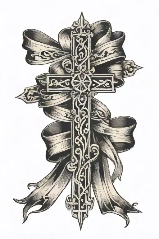 cross and ribbon wrapped tattoo design idea
