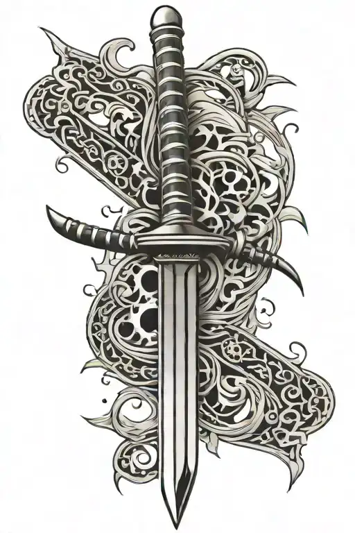 katana sword piercing soil buried tattoo design idea