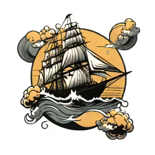 a clipper ship sinking against the backdrop of a setting sun tattoo design idea
