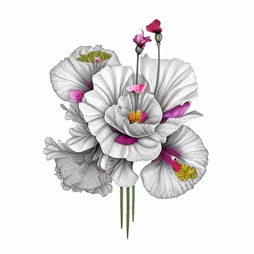 poppy, hibiscus, peony, roses, celosia, bee tattoo design idea