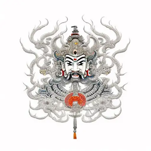 Ten individual heads of ravana in the form of japanese samurais tattoo design idea