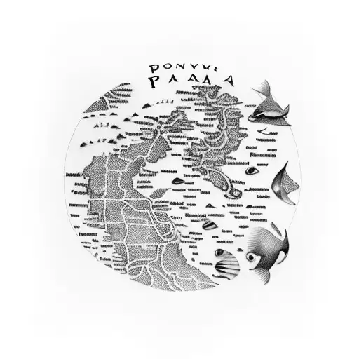 A captivating tattoo featuring a beautifully detailed map of Panama, incorporating elements of swimming such as waves and aquatic creatures, representing your cultural roots and passion for swimming. tattoo design idea