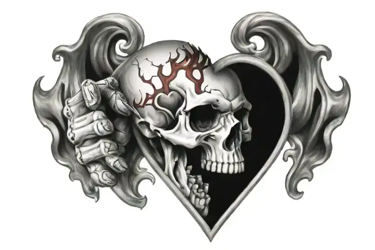 Skull Hand holding a on flames heart  on top chessboard background  tattoo design idea