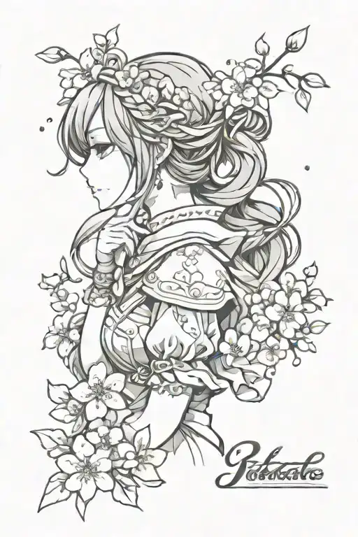 Anime, kawaii, cherry blossoms, magical girl side profile tattoo design idea