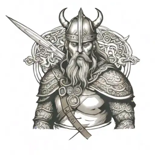 Viking warrior wielding his sword in front of his eyes tattoo design idea