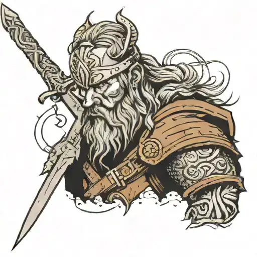 Viking warrior wielding his sword in front of his eyes tattoo design idea