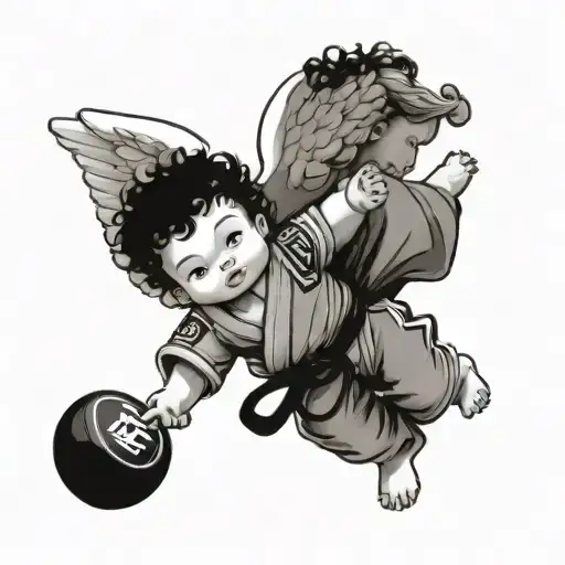 baby angel in jiu jitsu kimono black belt and curly hair tattoo design idea