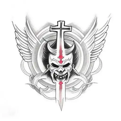 A cross with angel wings, a halo, a trident and a devil tail tattoo design idea