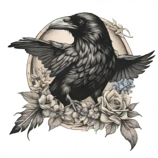 raven with bread and flowers tattoo design idea