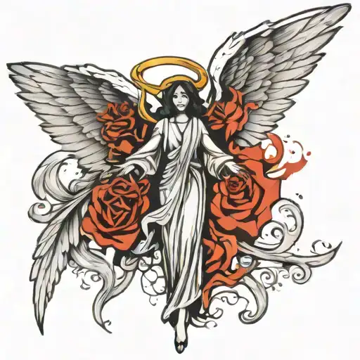 Angel tattoo design with wings. Biblical grunge style tattoo design idea