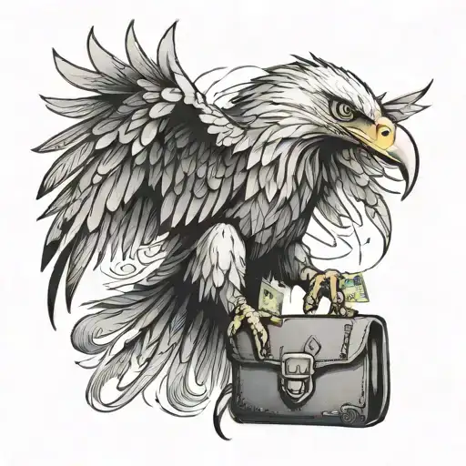 A unique and abstract tattoo of a powerful eagle clutching a bag of money in its talons, symbolizing strength and wealth tattoo design idea