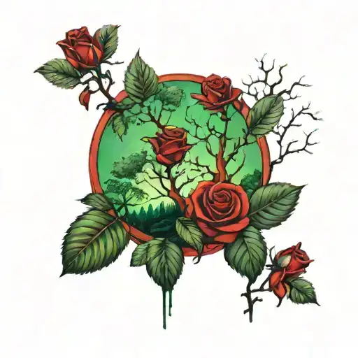 Green trees with red roses surrounding tattoo design idea