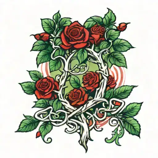 Green trees with red roses intertwined tattoo design idea