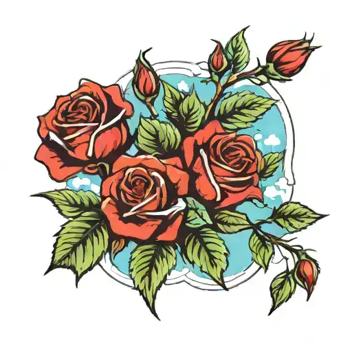 Green trees with red roses blooming and blue sky with white clouds  tattoo design idea