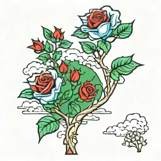 Green trees with red roses intertwined and blue sky with white clouds  tattoo design idea