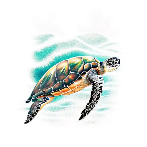 A realistic portrait of a sea turtle swimming in the ocean with a background of a Hawaiian beach tattoo design idea